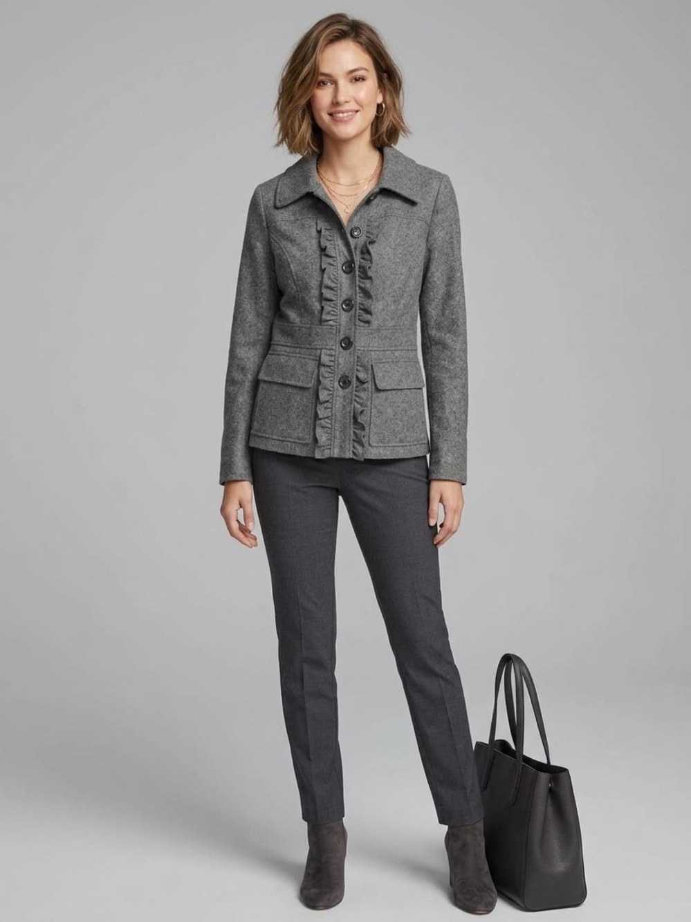 Ann Taylor LOFT Size 12 Charcoal gray Wool Blend Ruffle Trim Peacoat Jacket